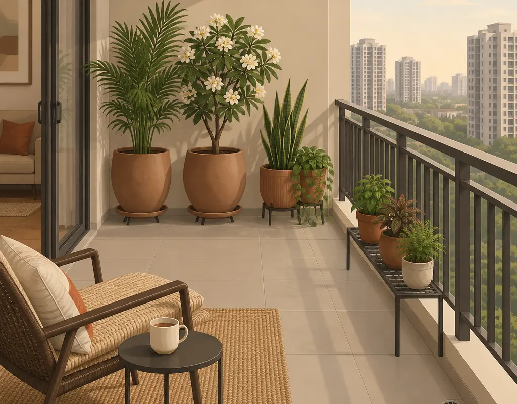 An illustration of a high-floor balcony with big pots against the back wall on raised saucers, small pots on a low metal stand inside the railing, the ledge bare and the floor drain clear