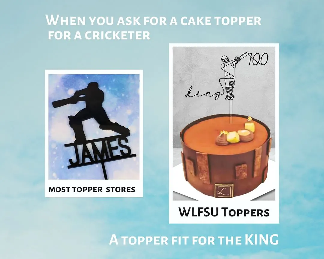 I believe a topper should tell a story. Instead of a generic silhouette, I create custom line-art designs that capture personality and motion, like this piece for a true cricket king. It’s this attention to detail that makes my toppers stand out.