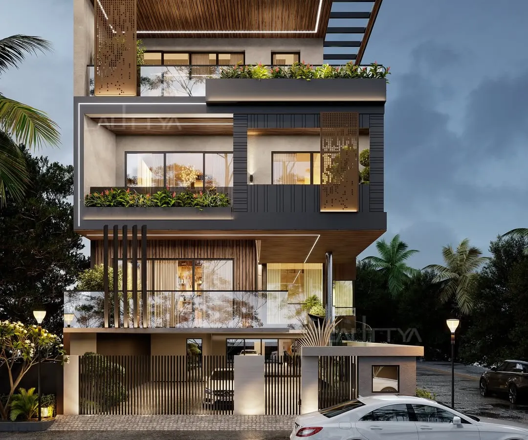 This is a visualization of a contemporary home we designed, showcasing a dynamic facade with clean lines, layered volumes, and a mix of materials like wood, concrete, and perforated metal screens. We focus on creating exteriors that are not just visually striking but also integrate greenery and privacy through features like recessed balconies.