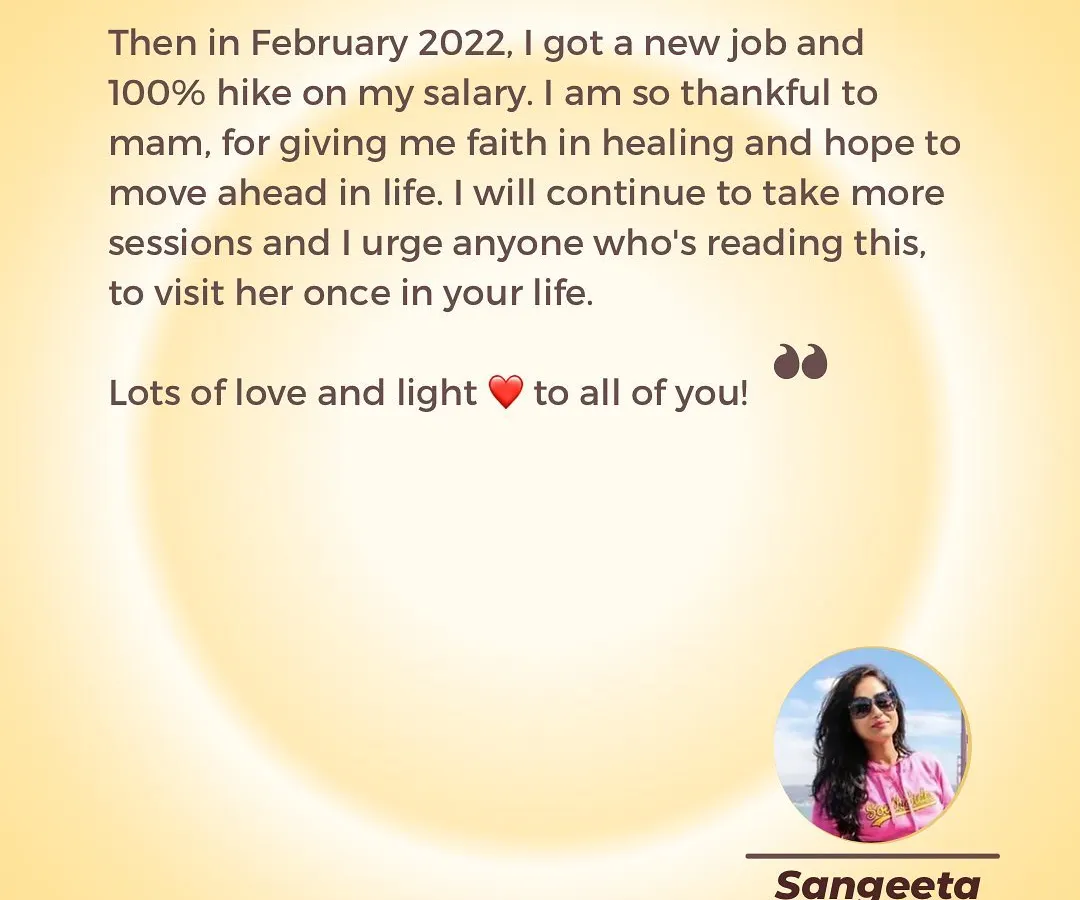 This testimonial is a powerful example of what's possible when we clear manifestation blocks. This client received a new job with a 100% salary hike after our sessions, showing how energy work can create tangible shifts in your career and finances.