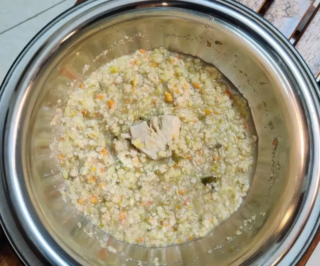 Here is a close-up of our freshly prepared chicken and red rice meal. You can see the real chunks of boneless chicken, finely chopped vegetables, and wholesome grains that make every bowl a balanced diet for your dog.
