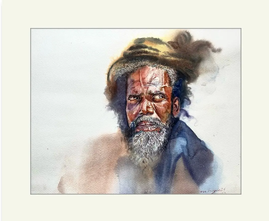Titled 'Whisper of The Sacred Path,' this watercolour painting on paper captures a moment of deep contemplation. I used the fluid nature of watercolours to create a soft, ethereal background that contrasts with the sharp details of his weathered face.