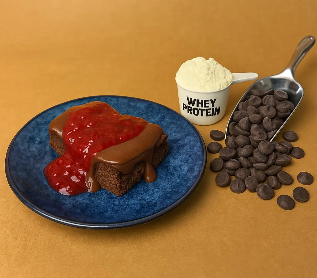 This is how I pack 18g of protein into a dessert. My Chocolate Berry cake bar is made with real whey protein and topped with a rich chocolate ganache and berry compote. It's the perfect zero-sugar, grain-free treat to help you meet your fitness goals.