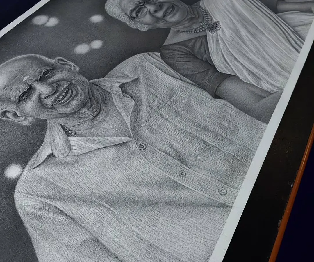 This hyper-realistic pencil sketch of a lovely couple from Kerala is one of my favorites. I used Brustro graphite pencils on a large A2 sheet to capture their beautiful smiles and the warmth between them.