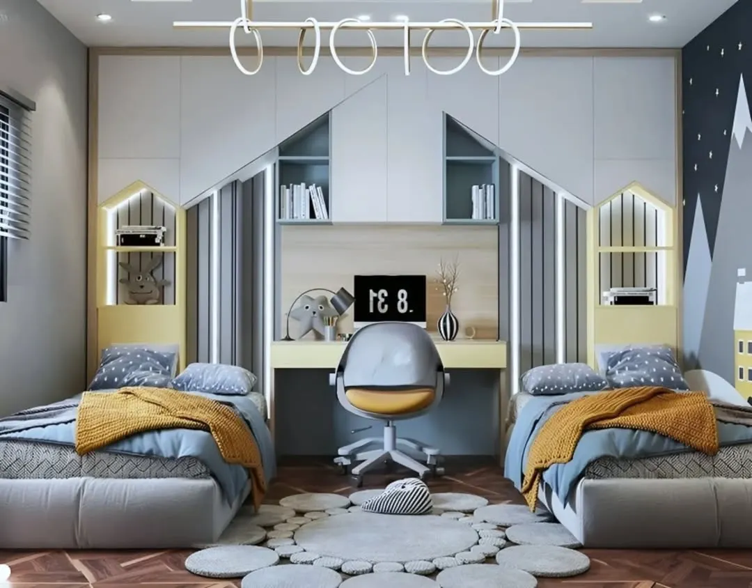 We specialize in creating beautiful, symmetrical shared rooms for siblings. This design provides each child with their own bed and personalized shelving, connected by a shared central desk for homework and creative projects.