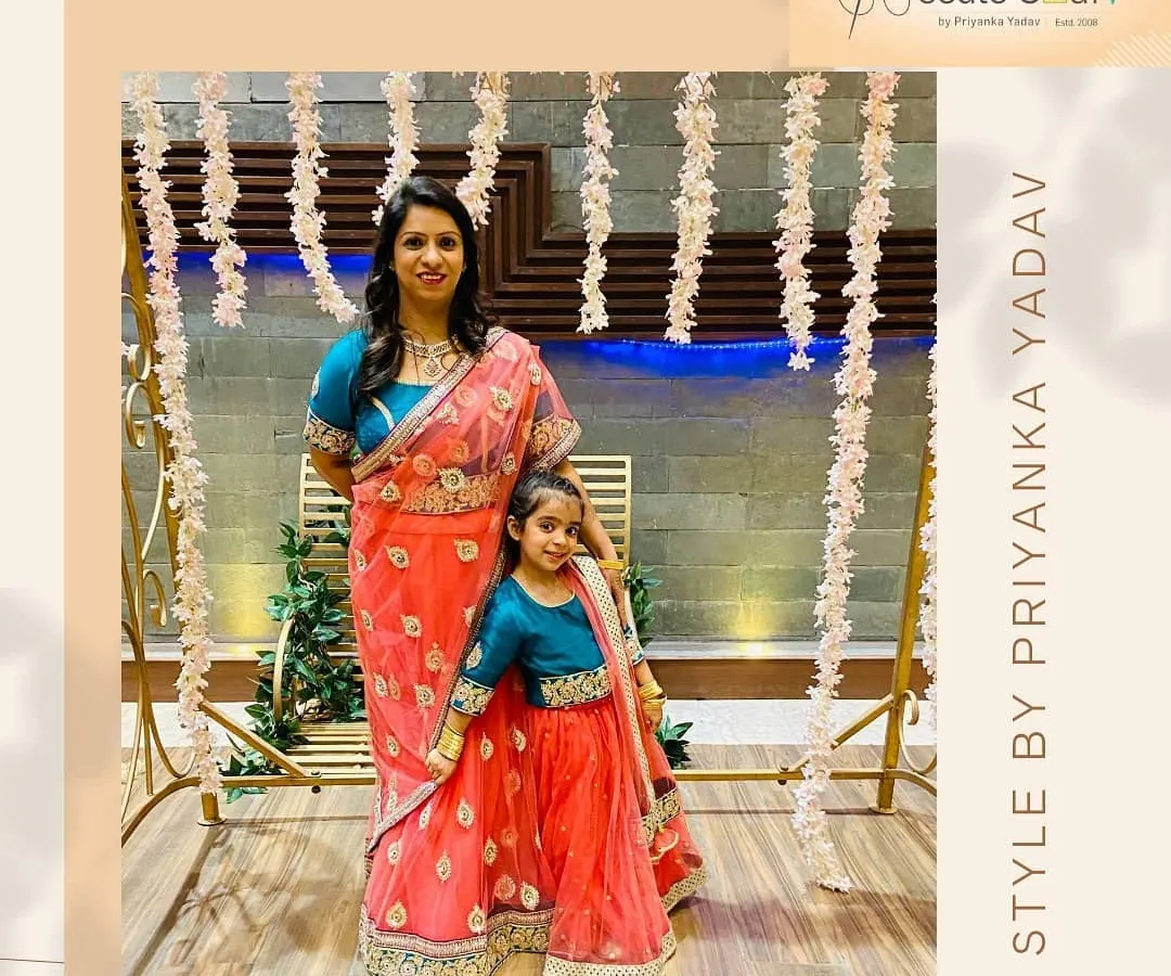 There's nothing more special than matching with your little one. I designed this mother-daughter ethnic wear set, coordinating the colors and embroidery on the lehenga and saree for a beautiful, unified look at a family wedding.