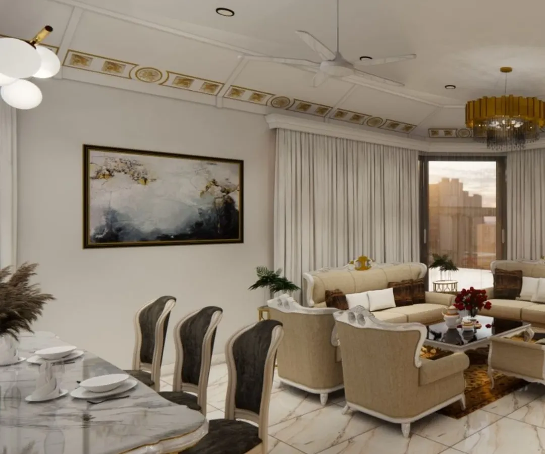 An expansive view of a luxurious open-plan living and dining area, showcasing a harmonious blend of classic and contemporary styles. Notice the detailed ceiling work with gold accents, plush furnishings, and marble flooring that create an atmosphere of sophisticated comfort.