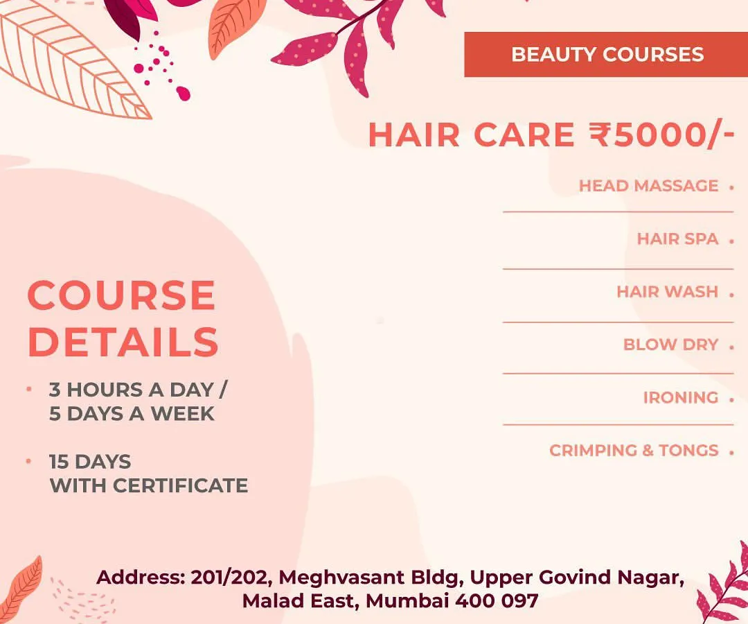 Specialize in hair with my intensive 15-day Hair Care course. I'll teach you everything from a relaxing head massage and professional hair wash to advanced styling techniques like blow drying, ironing, crimping, and using tongs. This course is designed to give you the practical skills needed to become a confident hair stylist.