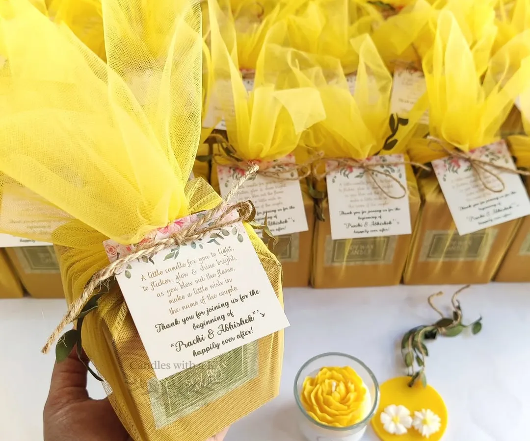 This is what a complete, heartfelt gift looks like. For this Haldi ceremony, we created a custom gift box with a vibrant yellow peony candle and a matching wax sachet, all tied together with a personalized thank you note. It’s the little details that make a big difference.