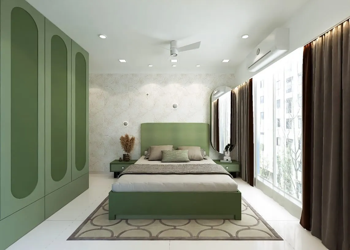I designed this master bedroom as a tranquil retreat, using a soothing sage green for the custom bed and wardrobes. The full-length, rounded-panel closets provide ample storage while adding a soft, contemporary feel, and the large window allows natural light to fill the room, creating a bright and airy atmosphere.