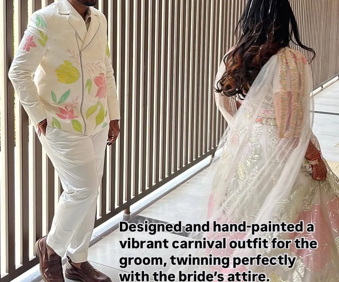 Art is a beautiful way to celebrate love. I designed and hand-painted this vibrant carnival outfit for the groom, creating a design that perfectly twinned with the bride’s attire for their special day.