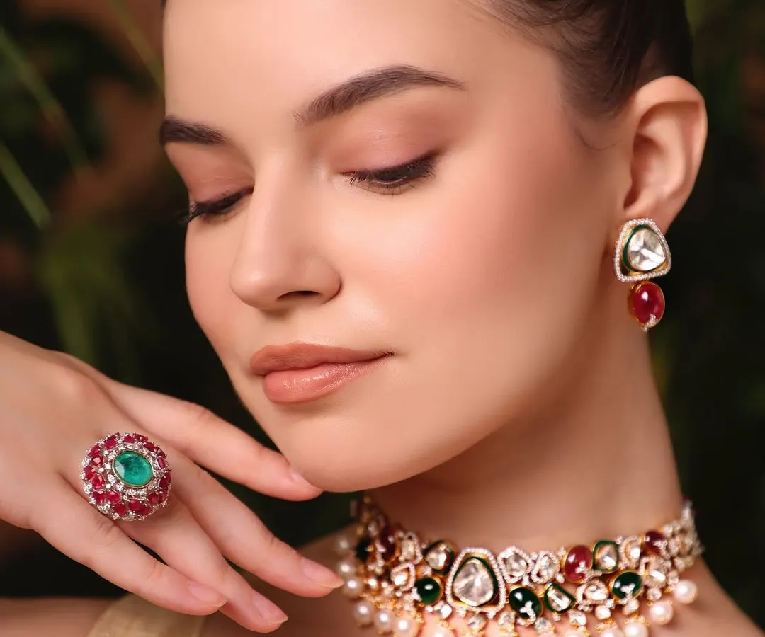 For jewelry campaigns, the makeup must complement, not compete. Here, I focused on creating a radiant, earthy glow that lets the stunning polki and emerald pieces be the hero.