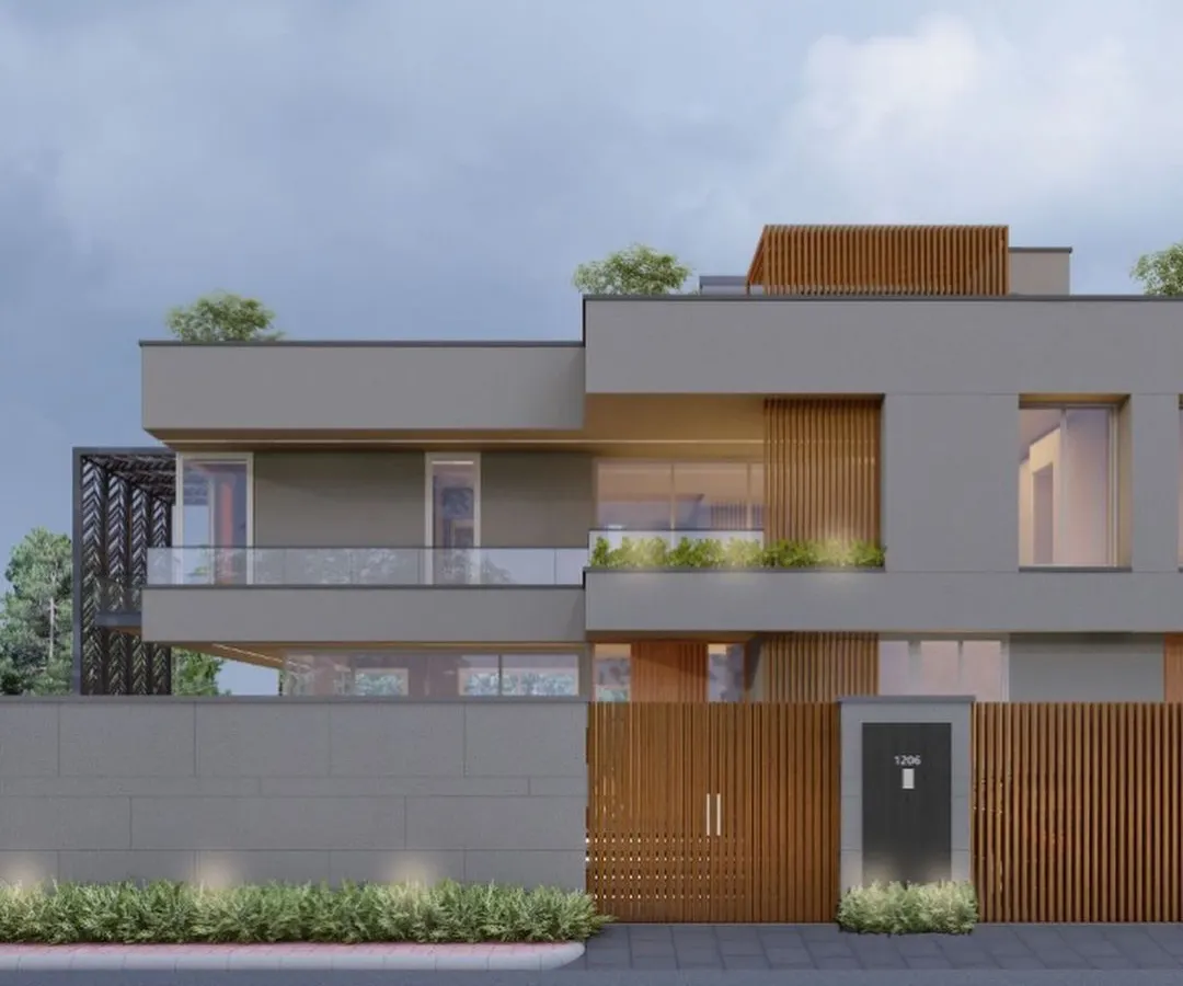 A perfect example of our contemporary architectural style. This villa's facade features clean geometric lines, warm wood paneling for privacy and texture, and large glass windows that connect the interior with the outdoors. The ambient lighting highlights the home's strong form, creating impressive curb appeal day and night.