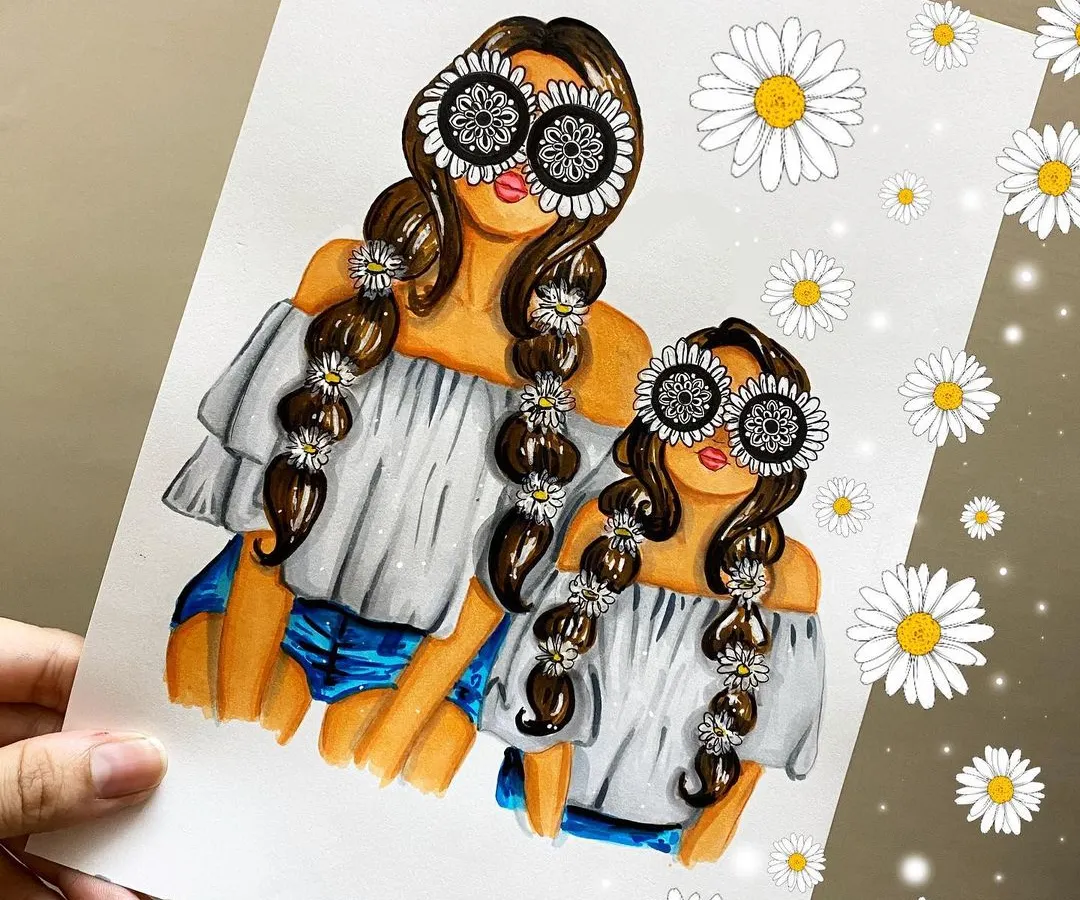 I love creating personalized fashion illustrations like this mother-daughter portrait. Notice the subtle mandala patterns in the sunglasses, a signature touch I can add to make your custom artwork truly unique.