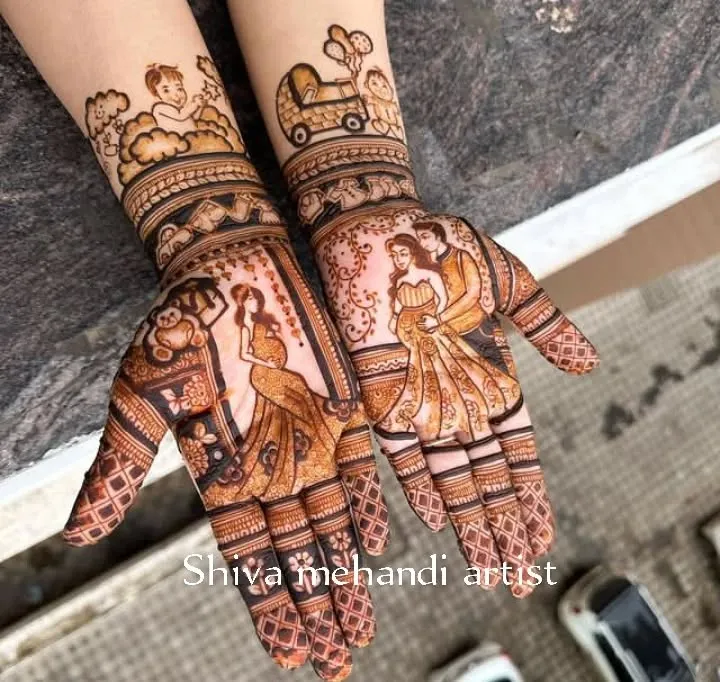 A custom mehendi design for a baby shower, capturing the joy of the expecting parents in a detailed portrait. The design also includes playful elements like a baby in a stroller, celebrating the new life to come.