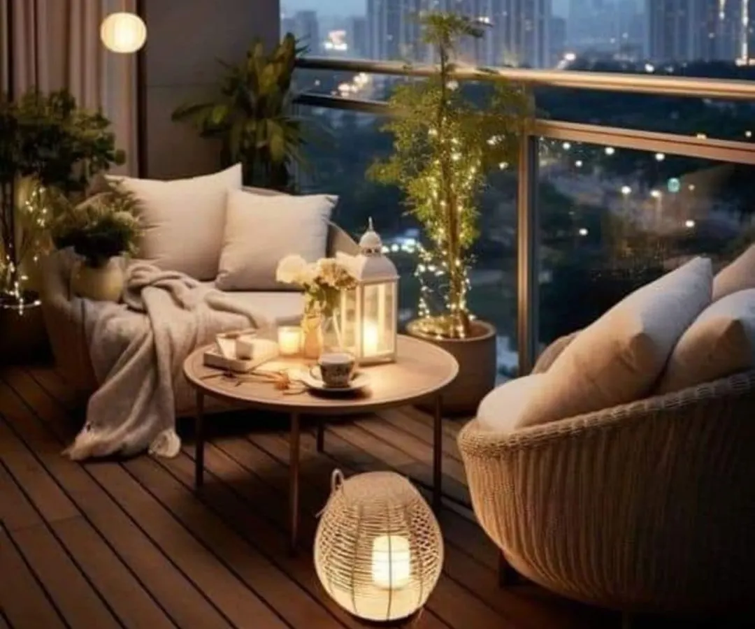 We help you create cozy, intimate corners on your balcony. This setup, with its warm lighting and comfortable seating, is perfect for enjoying a quiet evening overlooking the city.