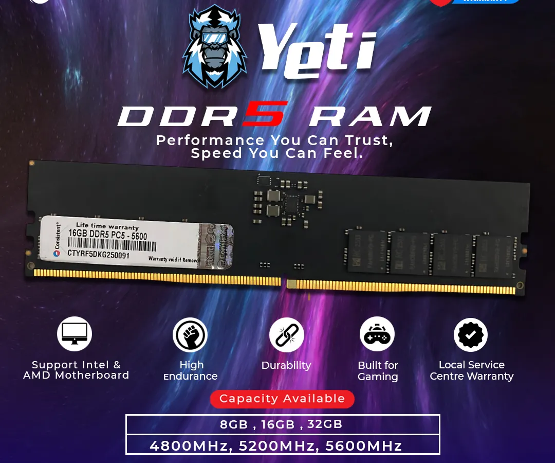 Experience the next generation of speed with our Yeti DDR5 RAM. This memory is built for extreme gaming and professional creative workloads, offering superior bandwidth and efficiency. It supports both Intel and AMD platforms and comes with a lifetime warranty for your peace of mind.
