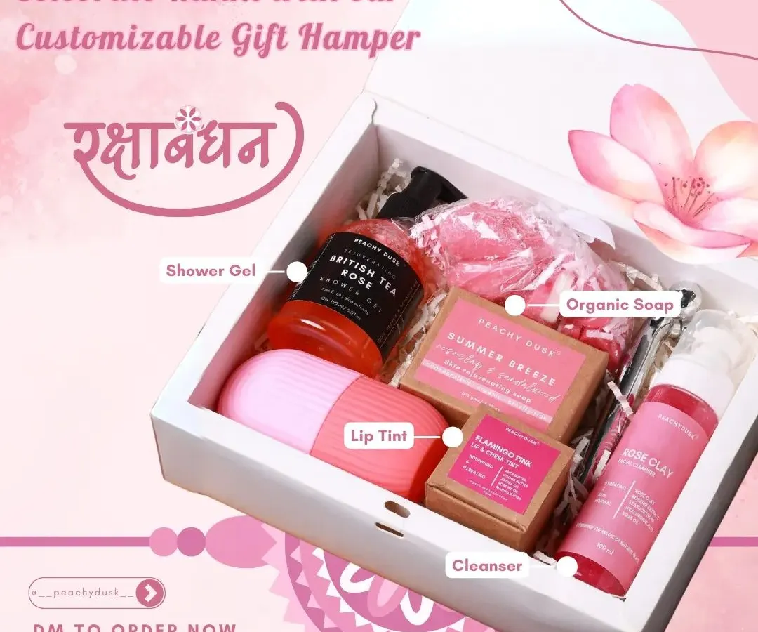 Celebrate your sister with this beautiful pink-themed Rakhi hamper. It's filled with my favorite rose-infused skincare, including shower gel, organic soap, a gentle cleanser, and a lip tint.