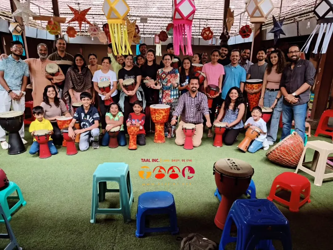 A full house at one of our community drum circles shows what we're all about: bringing people together. Here you can see families, kids, and adults of all ages sharing djembes and smiles. It’s a space for pure masti and connection.