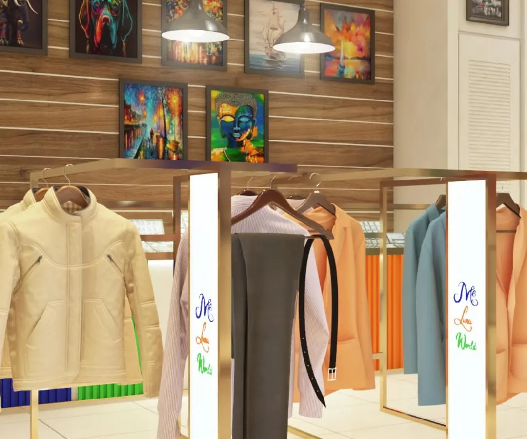 For this boutique in the British Virgin Islands, I designed custom clothing racks with integrated branding and lighting. The layout is planned for easy customer flow, with a feature wall of wood paneling and art to create a warm, modern atmosphere.