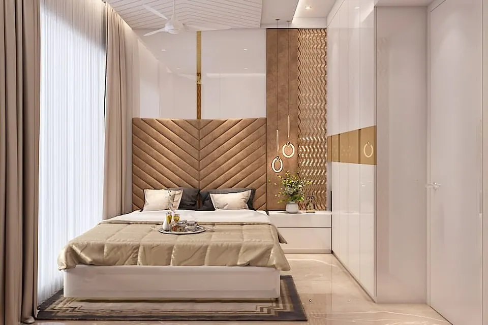 A bedroom should be your personal sanctuary. I designed this space with layers of texture, from the chevron-patterned upholstered headboard to the intricate wooden jali screen, creating a modern yet warm retreat.