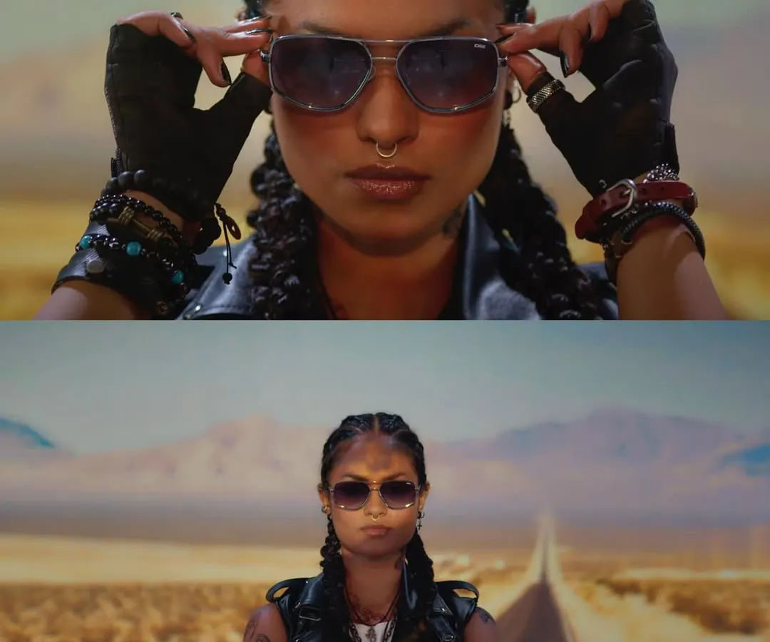 A still from our film for IDEE Eyewear. We created a cinematic, road-trip narrative in the desert, moving beyond the studio to capture a feeling of freedom and attitude. This shot captures the tough, independent spirit of the campaign.