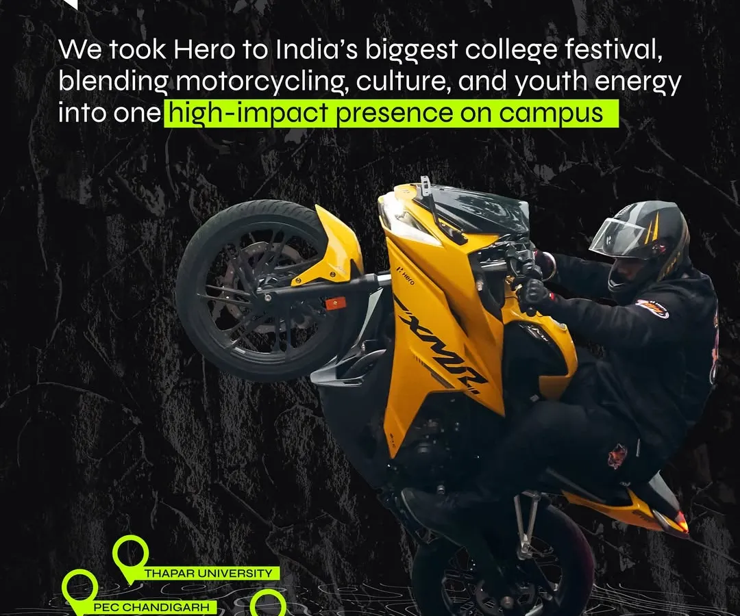 We took Hero MotoCorp to India's biggest college festivals, creating a high-impact presence across 8 campuses. This campaign blended motorcycling culture with youth energy through stunt shows, interactive zones, and branded merchandise, reaching millions online and lakhs on the ground.