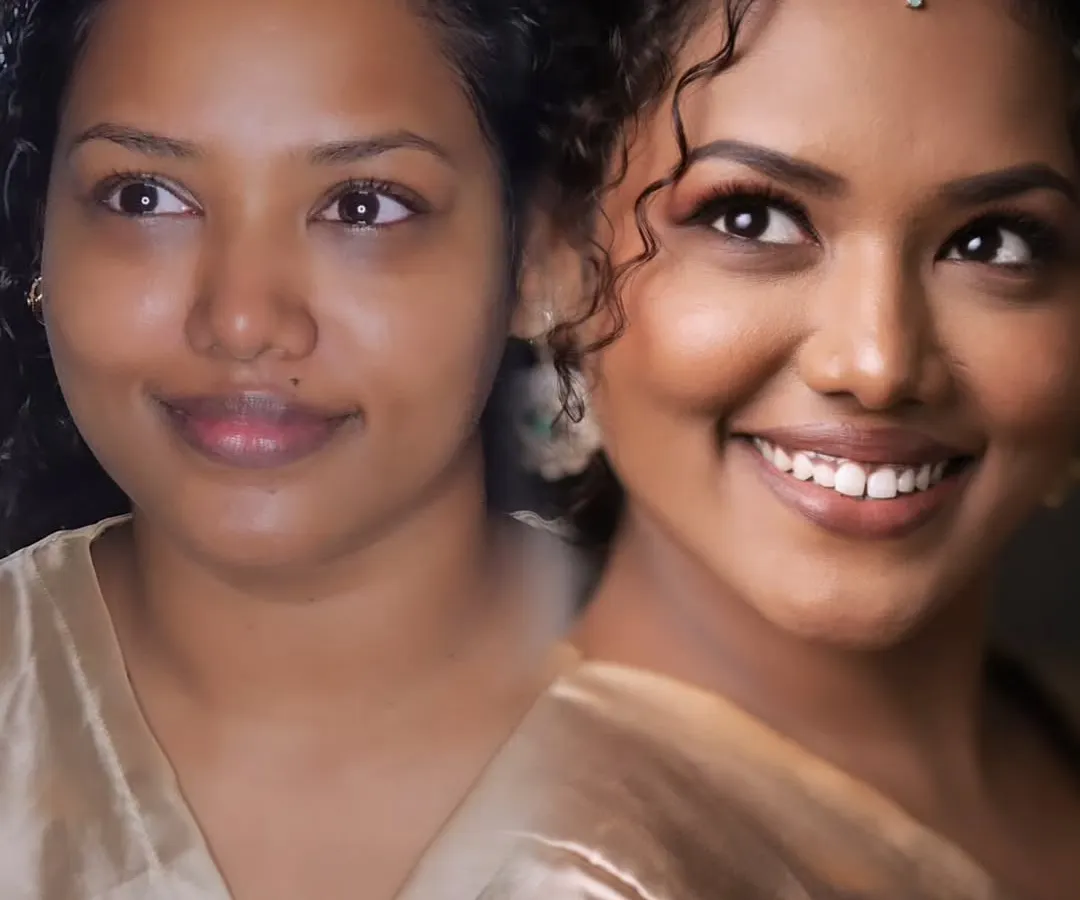 This is what I mean when I say 'naan naana theriyanum'. My goal is never to change you, but to bring out your best features. Here, I've evened out the skin tone and added a soft glow for a natural, radiant finish that still looks completely like her.