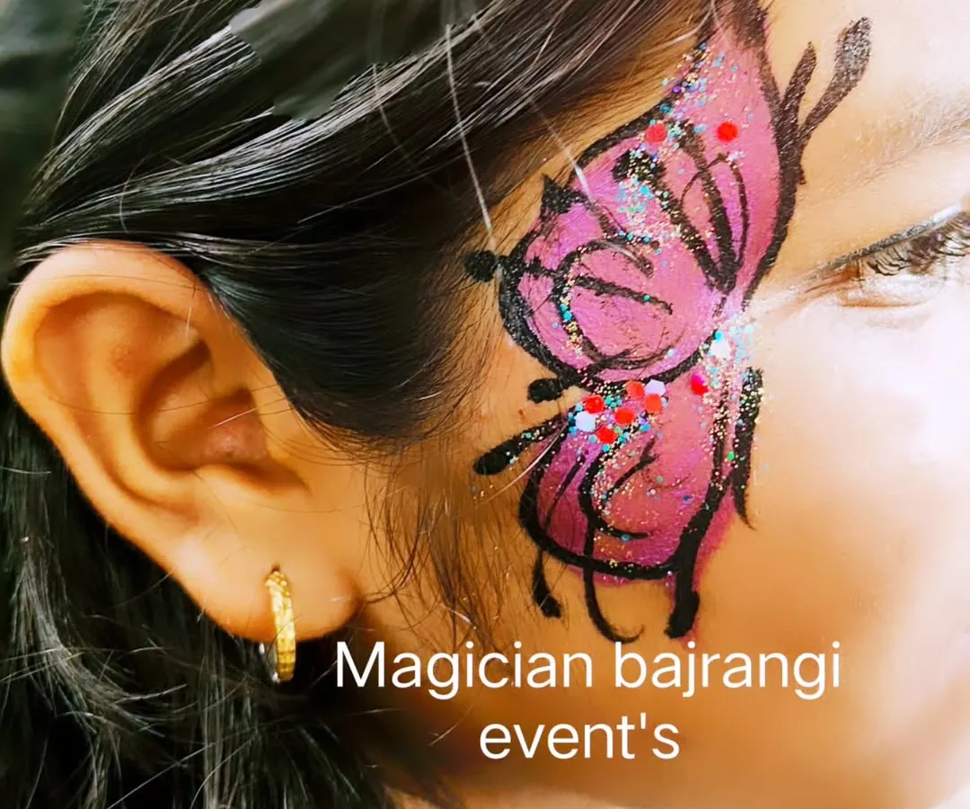 My face painting service is always a huge hit. This detailed butterfly design with glitter is one of the most requested looks for birthday parties and family events.