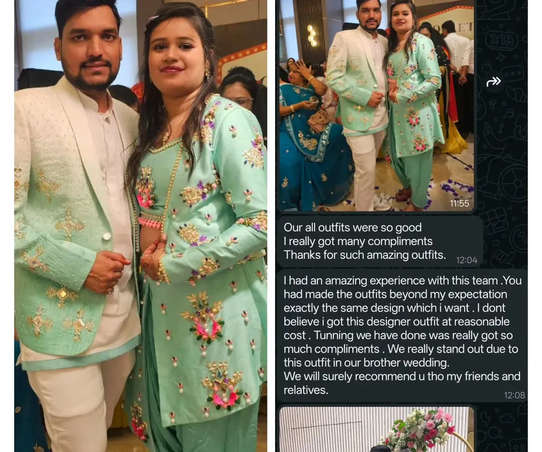 I love creating coordinated outfits for couples. This mint-green set, inspired by a playful designer vibe, was made from scratch for Neelam and Sanjay. Their glowing review is the reason I do what I do.