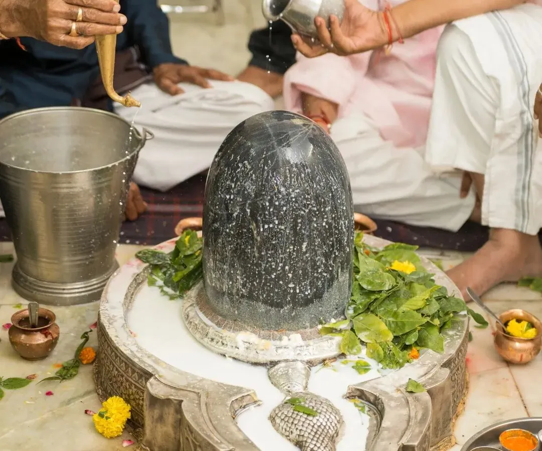 Here you see the sacred ritual of Abhishekam, the ceremonial bathing of a Shiva Lingam with milk. I provide personalized guidance for performing such pujas, helping you to make offerings with true devotion and understanding.