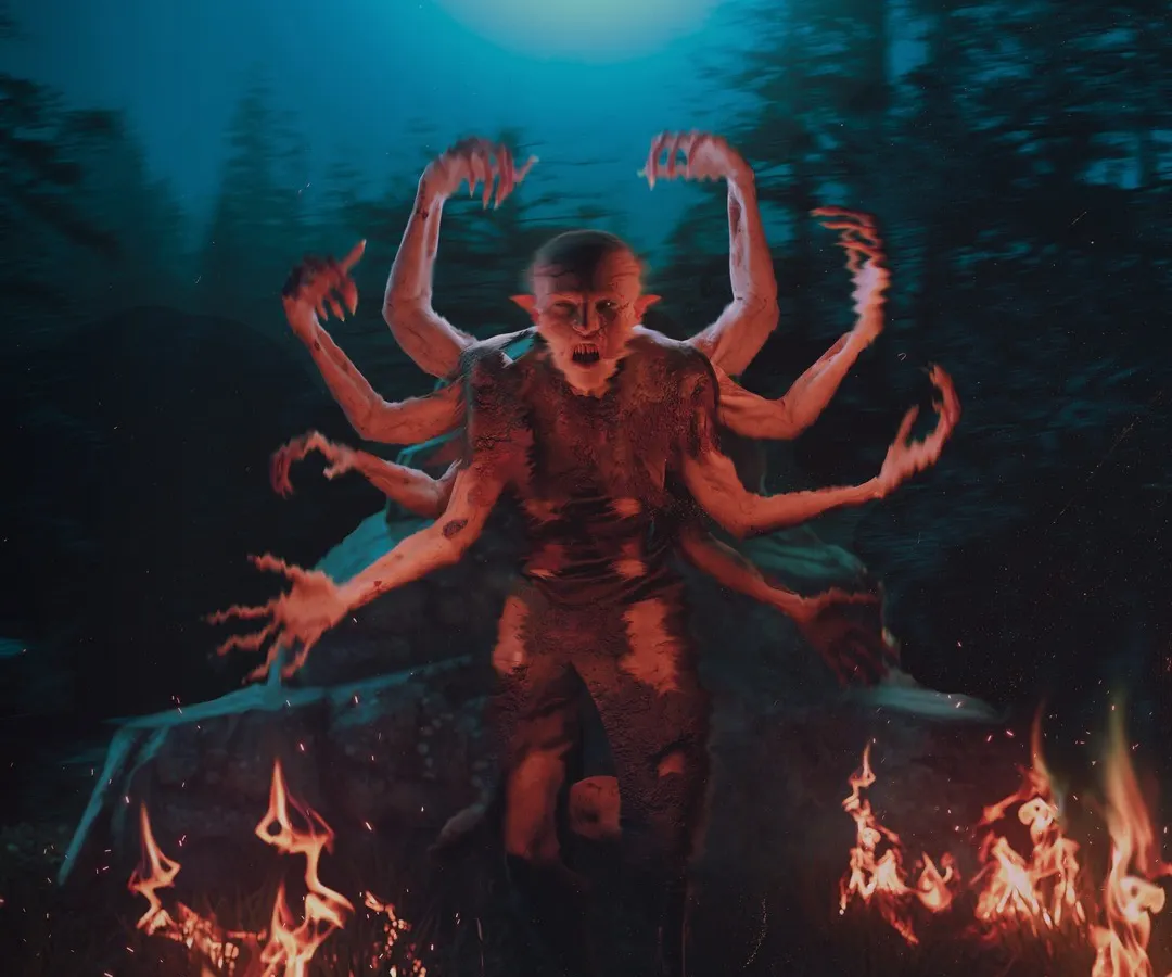 I designed this multi-armed creature as an interpretation of immense power and chaos. The model was sculpted to show strained musculature and aggression, set against a moonlit forest with ritualistic fires. This demonstrates my ability to create complex, mythological beings for high-fantasy or horror games and films.