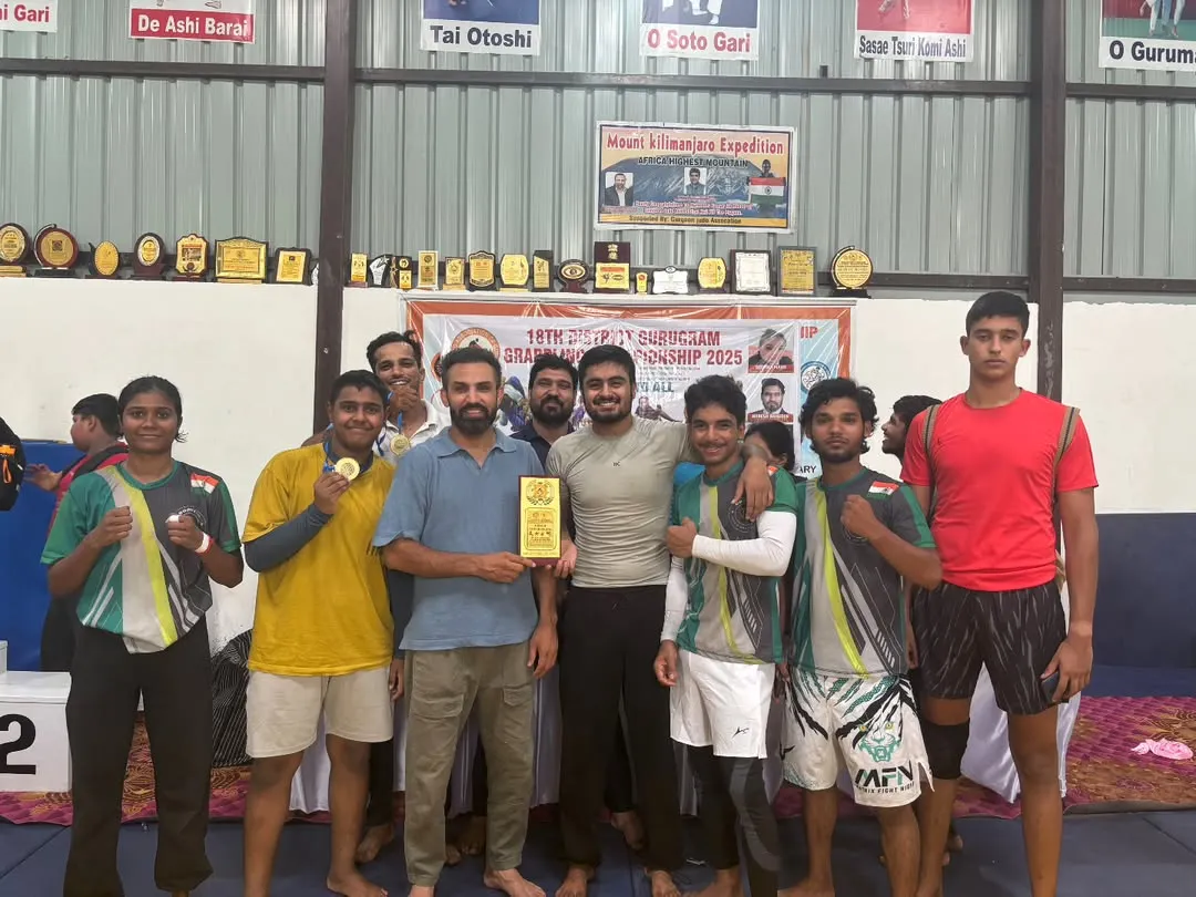 Our grappling team celebrating a 100% gold medal success rate at the District Gurugram Grappling Championship. This picture represents the dedication and hard work that leads to victory, a testament to our rigorous competition training program.