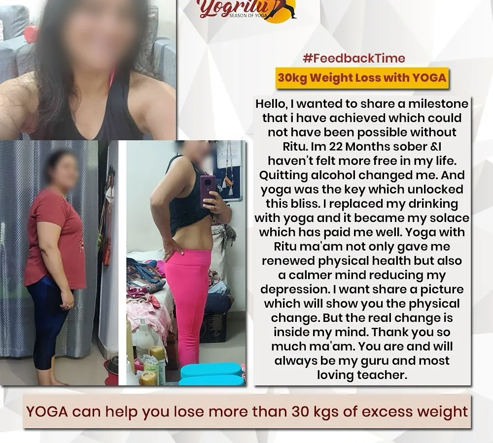 This is a powerful transformation story of achieving a 30kg weight loss through a consistent and personalized yoga practice. This client's journey shows that with the right guidance, yoga helps heal the body from the inside out, making weight loss a natural byproduct.