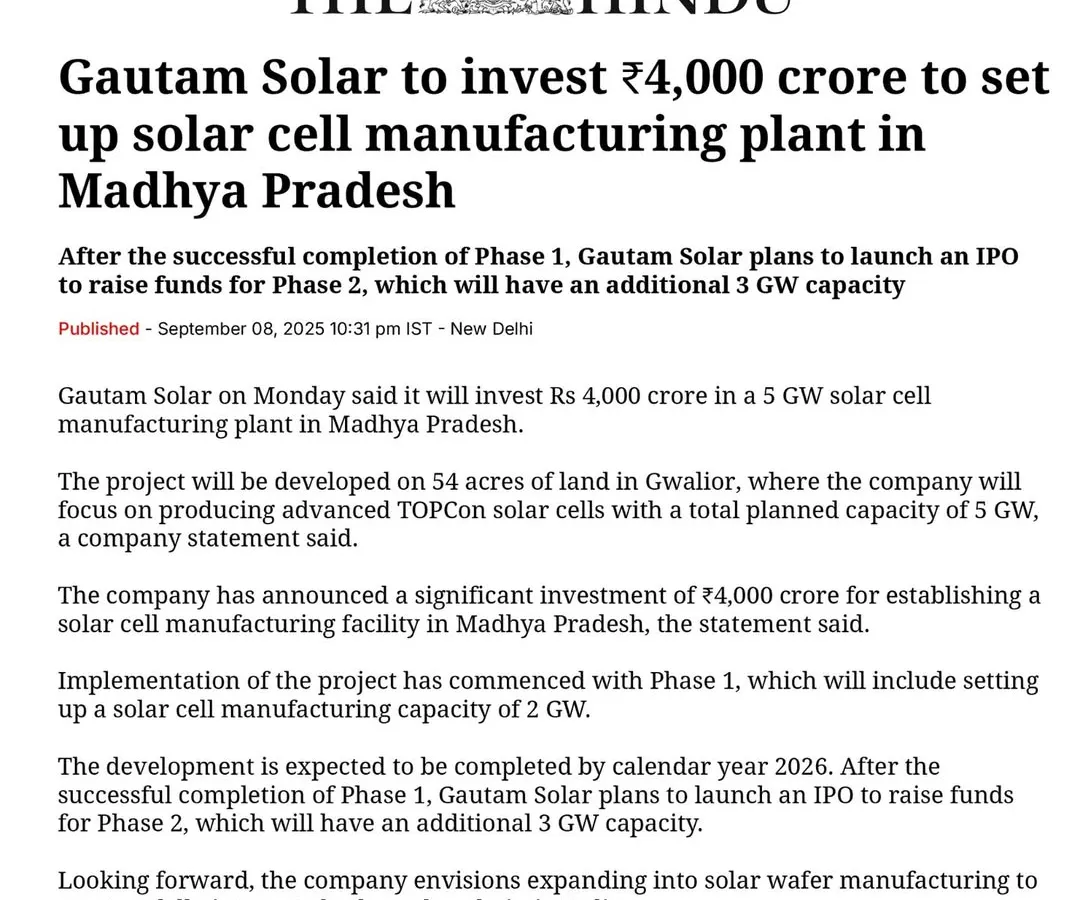 A testament to our commitment to India's energy independence, we are investing ₹4,000 crore to establish a 5 GW solar cell manufacturing plant in Gwalior. This major project, covered by leading publications like The Hindu, is a significant step in building a fully integrated solar value chain within the country.