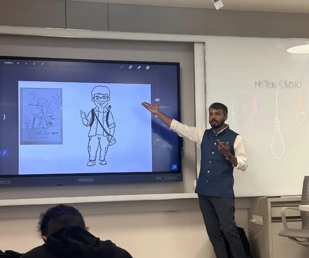 This is from a mascot design workshop I conducted for the Bachelor of Design students at Dr. DY Patil University. I'm breaking down the process of character creation on a digital screen, showing how a simple idea can be developed into a full-fledged mascot.