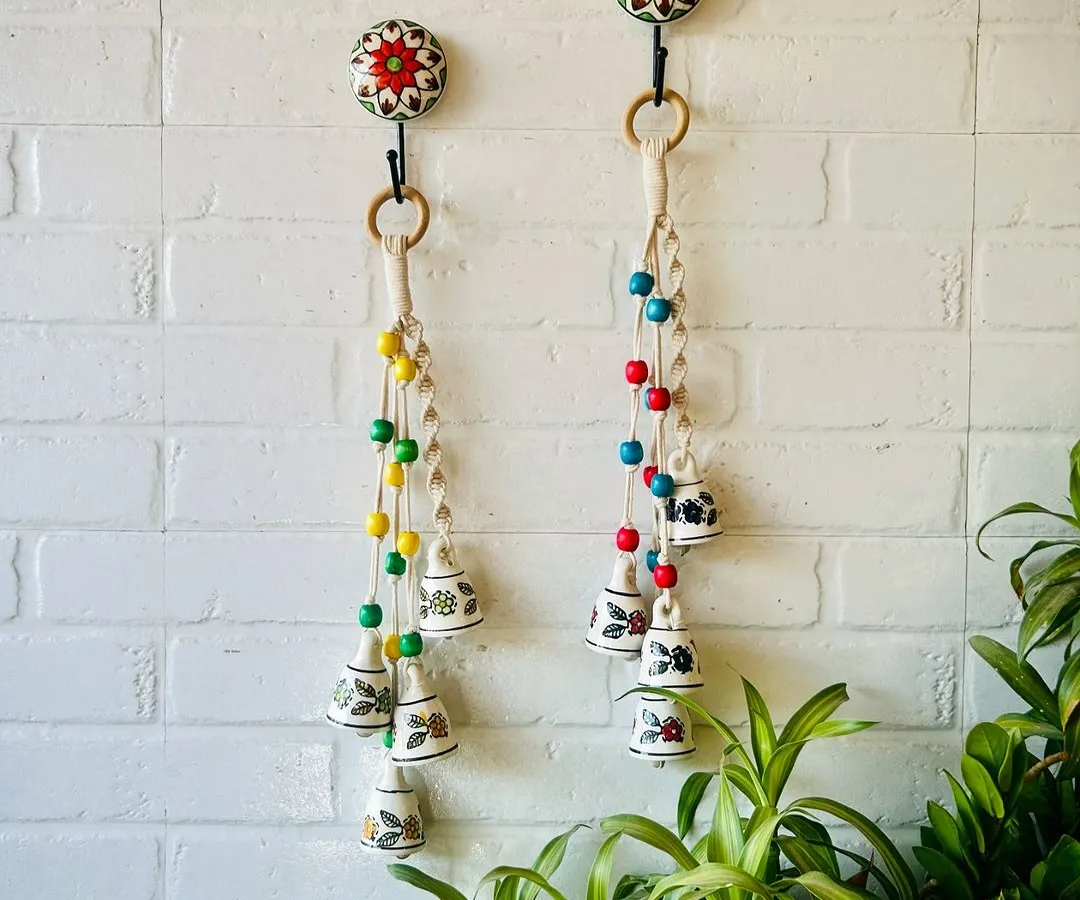 Meet our Symphony Chimes, a bestseller that has found a place in over 1100 homes and counting. Each chime is a little piece of music for your home, handcrafted with hand-painted ceramic bells, colorful wooden beads, and intricate macrame knots. They are perfect for adding a serene touch to your entrance or as a thoughtful Diwali gift.