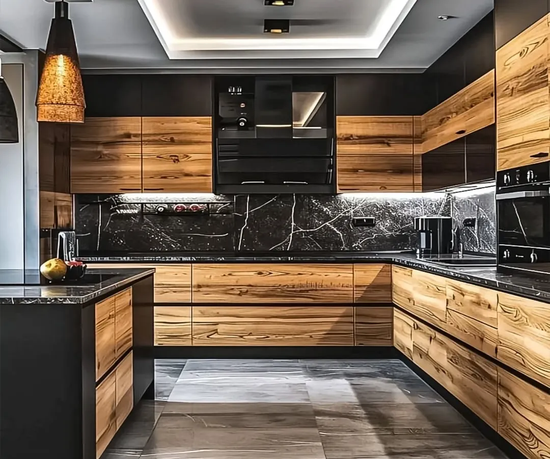 Experience culinary luxury in this U-shaped modular kitchen. The design pairs rich wood-grain cabinetry with a striking black marble backsplash and countertops, creating a bold, contemporary look complemented by integrated appliances and ambient lighting.