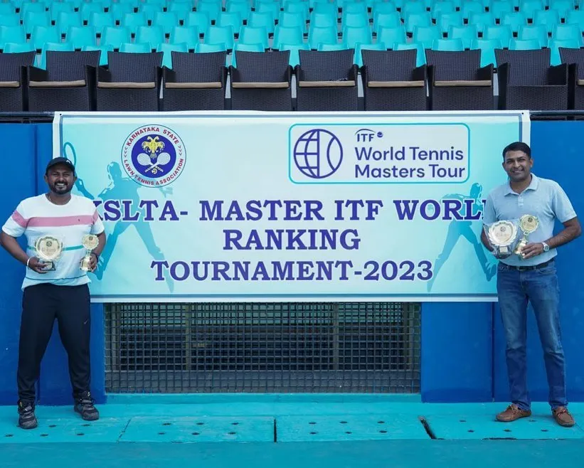 Our founder Amogha Shivaram and his partner after winning the doubles title at the ITF World Tennis Masters Tour 2023. This victory is a testament to our core belief that with the right process, success is achievable at any age.