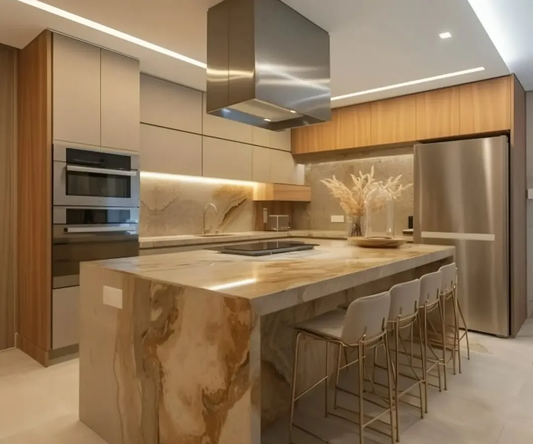 This kitchen is designed for both serious cooking and social gatherings, featuring a stunning marble-finish island with seating. We focused on a premium feel with integrated appliances, handleless cabinetry, and layered lighting for a kitchen that is as beautiful as it is functional.