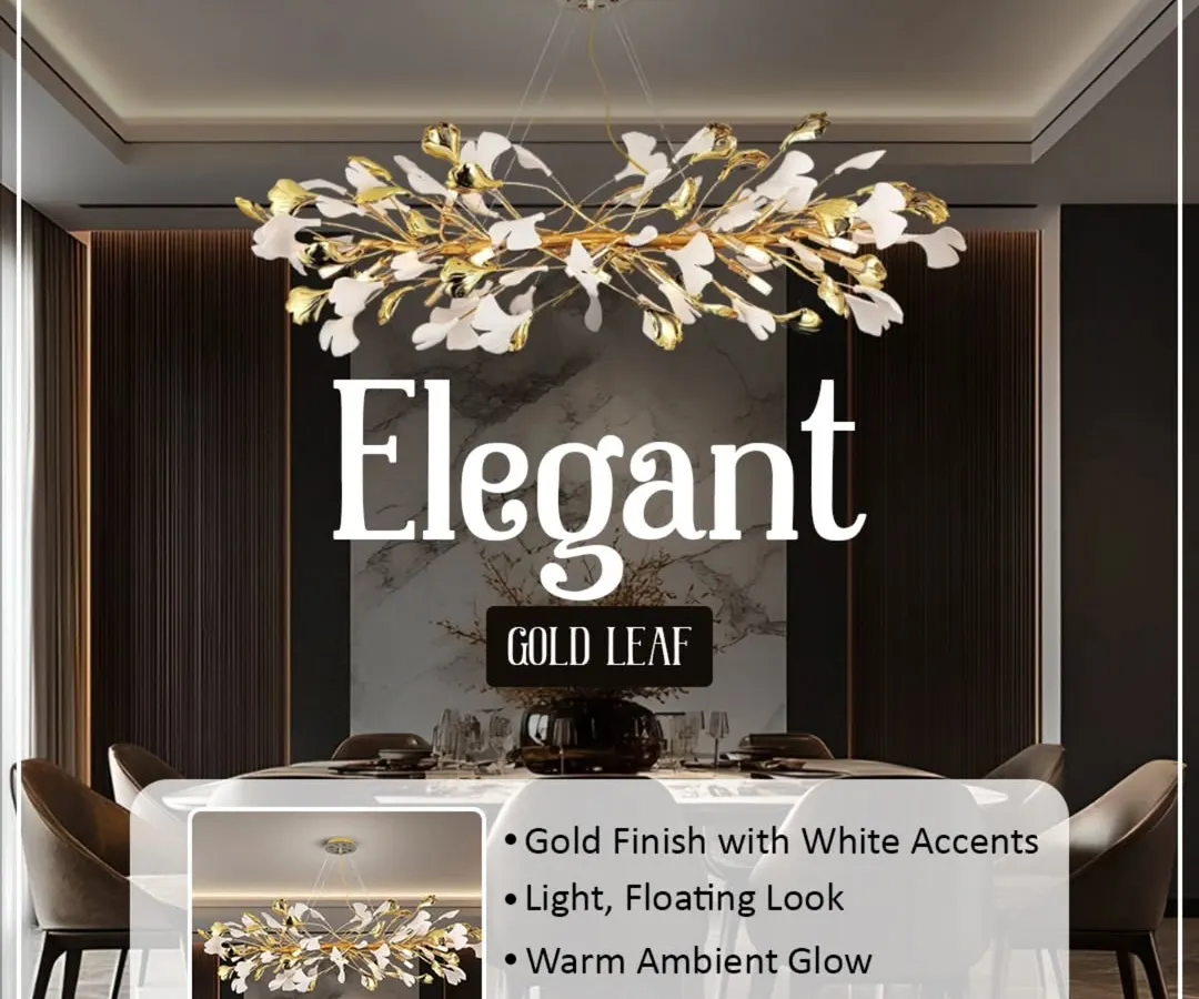 For a modern dining area, this elegant gold leaf chandelier is a beautiful choice. It has a light, floating look with a gold finish and white accents that give off a warm, ambient glow. It looks beautiful even when it's switched off.
