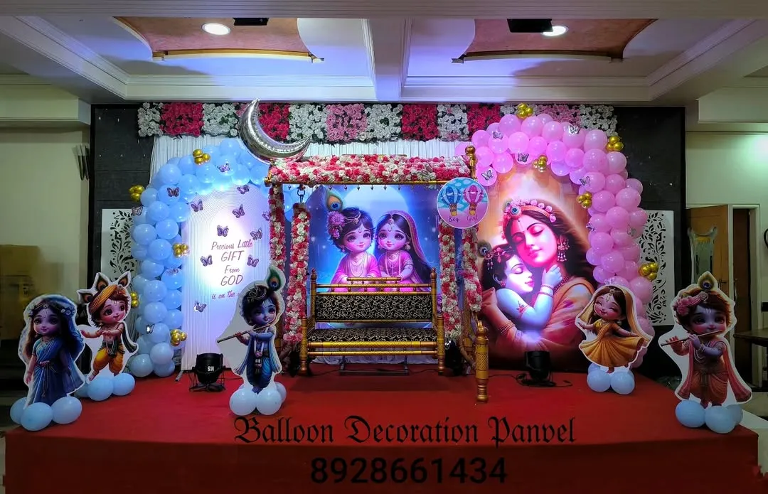 A beautiful stage setup for a traditional Maharashtrian baby shower, or 'Dohale Jevan'. I combined balloon arches with traditional elements and character cutouts to create a blessed and celebratory atmosphere for the parents-to-be.