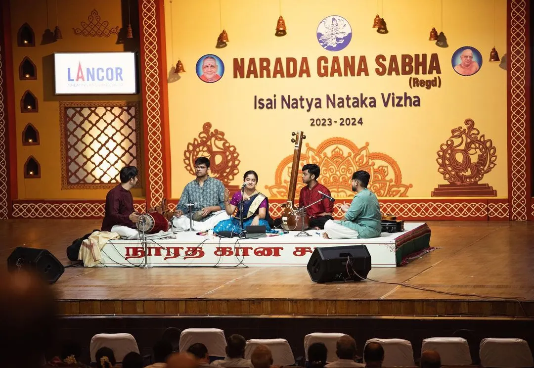 Performing at the legendary Narada Gana Sabha during the Margazhi season is always a blessing. Here I am, on the main stage with my wonderful team of co-artists, sharing our music in a space that holds so much history and artistic energy.