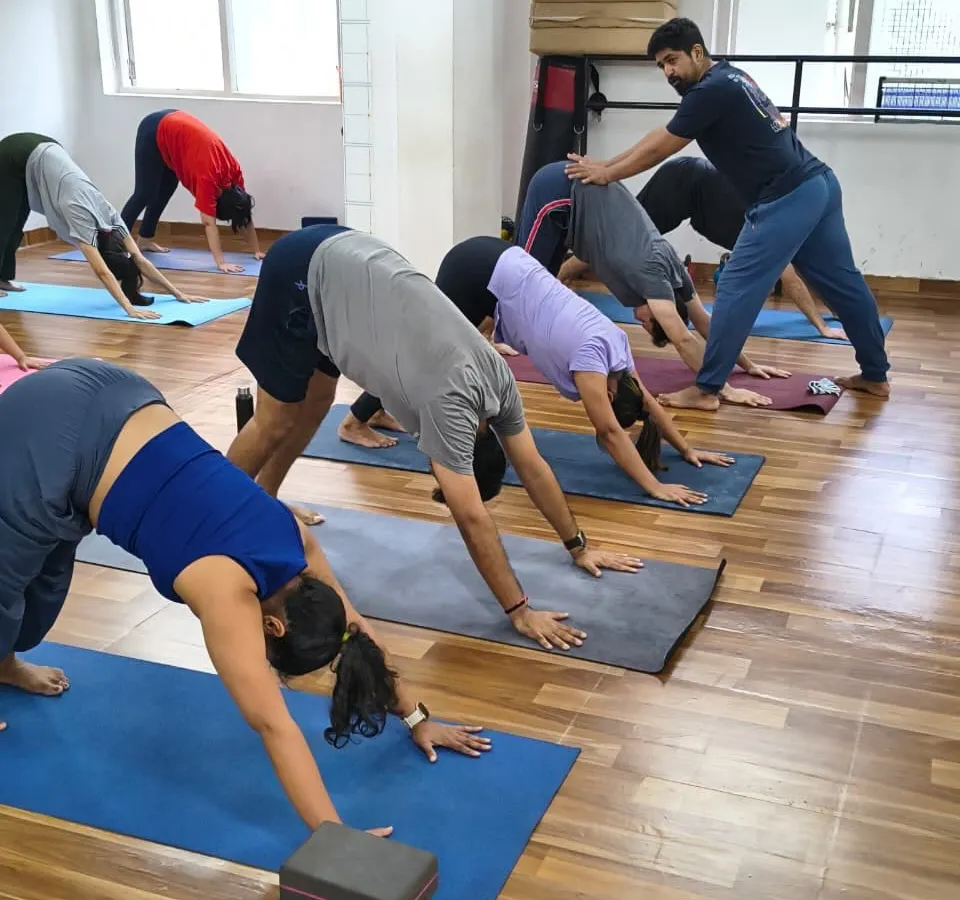We believe in a hands-on approach to guide you safely in your practice. Here, I am providing a gentle adjustment in Adho Mukha Svanasana (Downward-Facing Dog) to help a student find better alignment and deepen the posture.