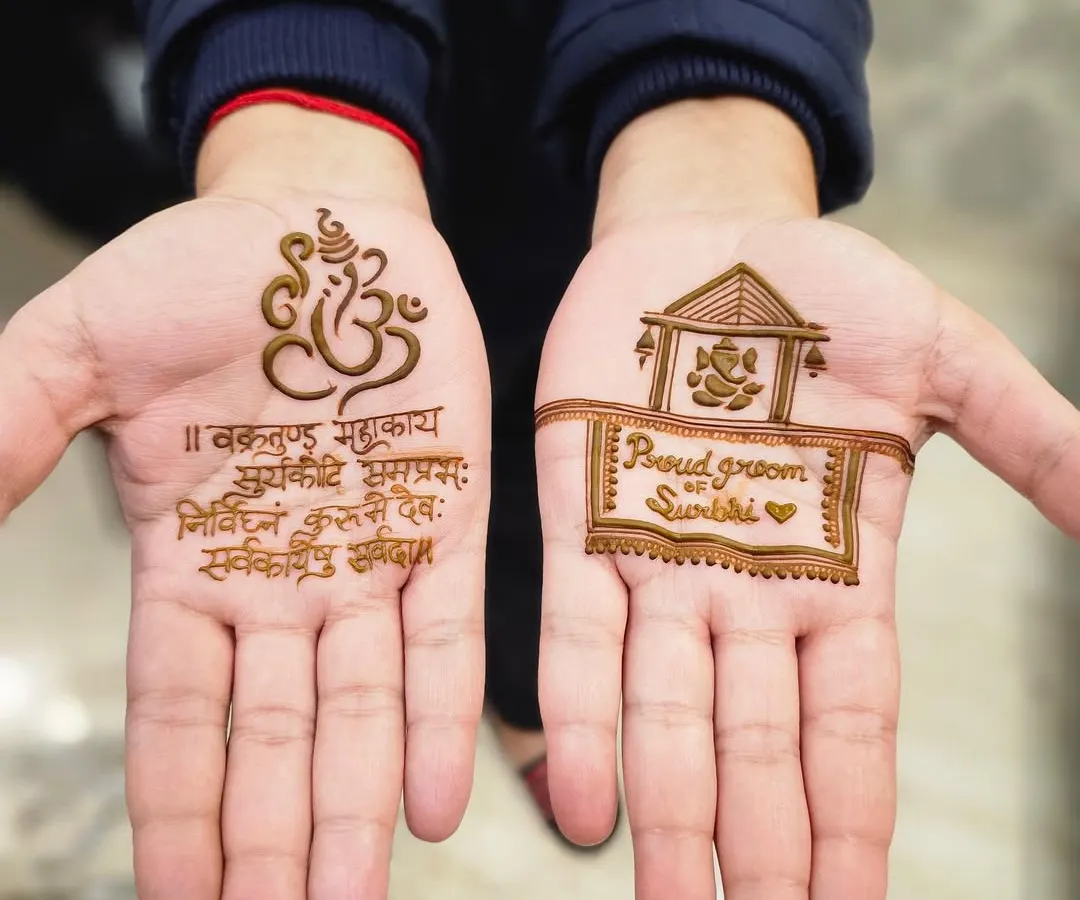 Your mehndi can be a reflection of what's important to you. On one hand, we did a sacred Ganesh mantra for blessings, and on the other, a design celebrating his status as a proud groom, complete with his wife's name.