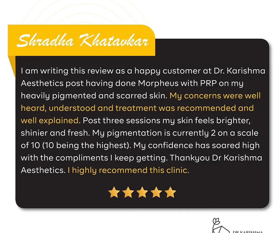 This testimonial highlights a patient's successful journey treating heavy pigmentation and scarring with a combination of Morpheus8 and PRP. My goal is to listen to your concerns, explain the treatment process clearly, and help you regain confidence in your skin.