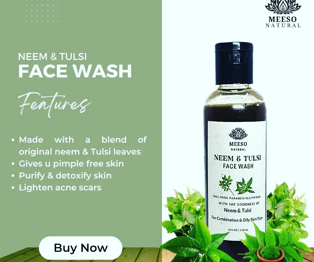This is my Neem & Tulsi Face Wash, specially formulated for oily and combination skin. It uses the natural purifying properties of original neem and tulsi leaves to deeply cleanse, help prevent pimples, and lighten acne scars for clearer skin.