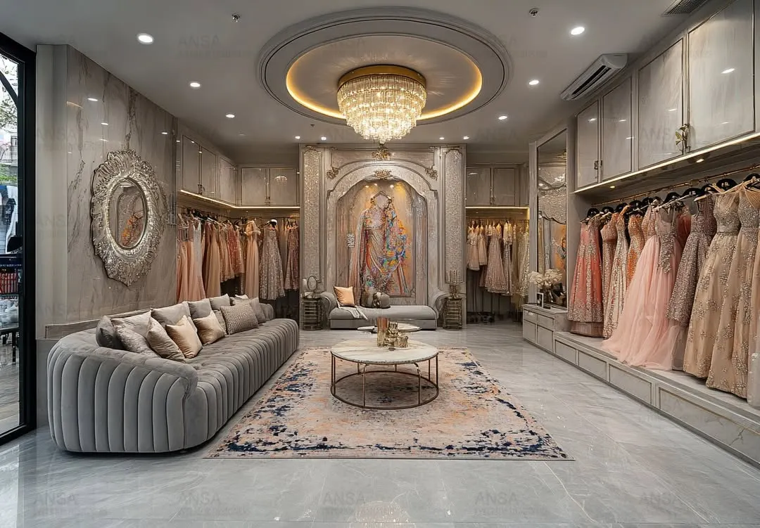 I believe a brand's story should be told through its space. For this high-end fashion studio, I created a luxury experience with a blend of classic and modern elements, from the grand crystal chandelier to the soft, inviting color palette, making it a truly aspirational retail destination.