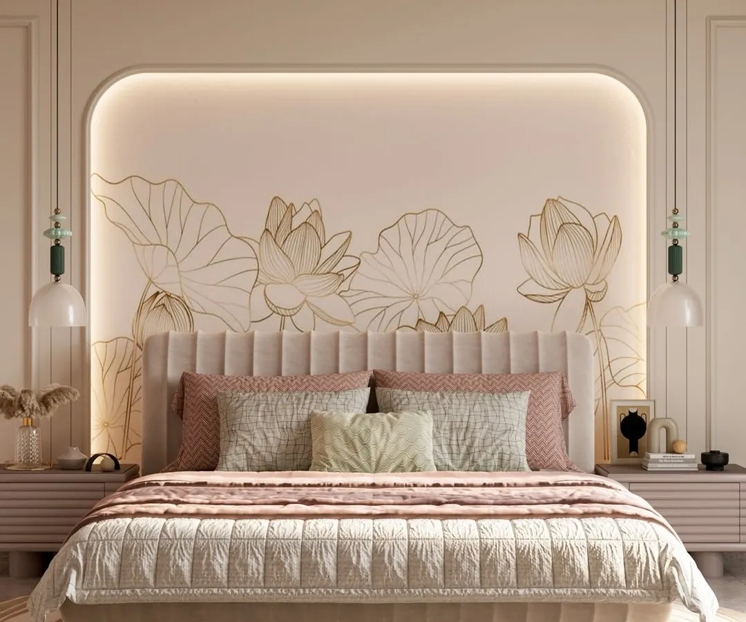 I designed this girl's bedroom to feel like a quiet embrace. The centerpiece is a custom headboard set against a delicate, hand-painted lotus mural, creating a serene focal point that is both artistic and deeply calming.