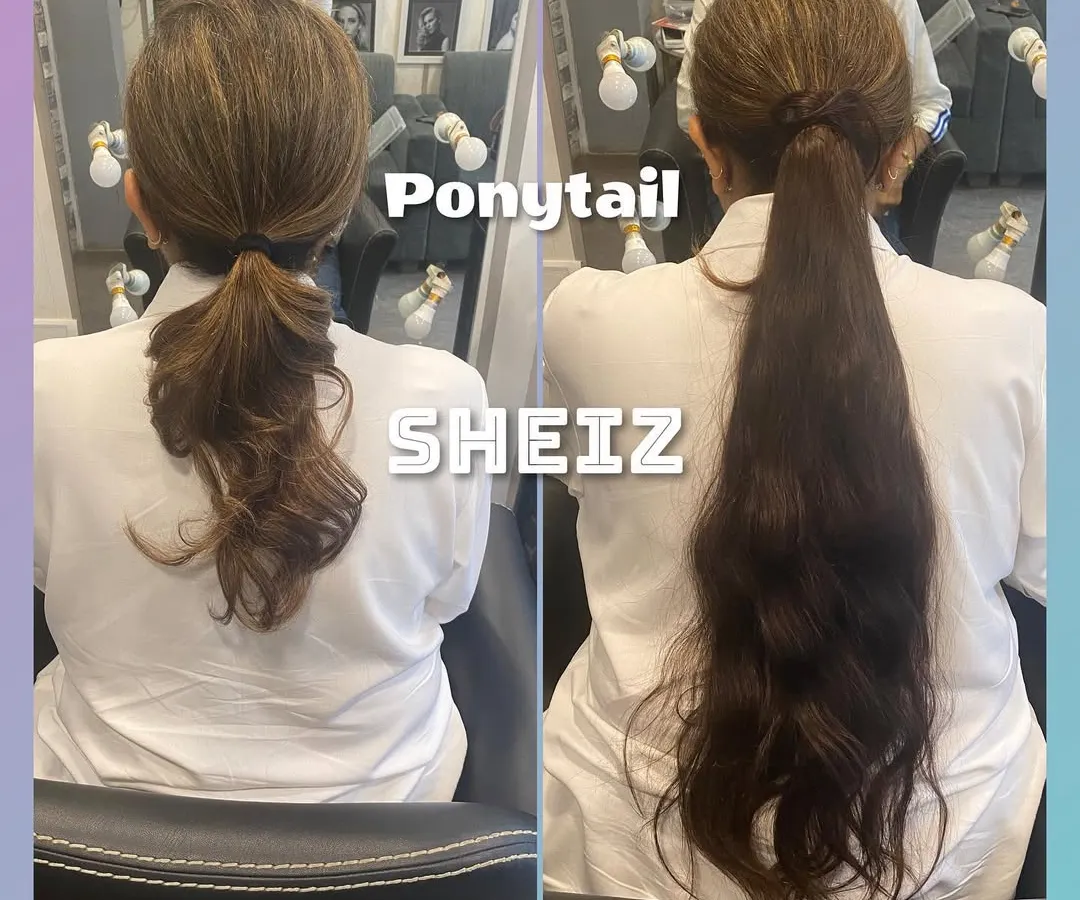 Instantly add length and volume to your hair. This before and after comparison shows how our real hair ponytail extension transforms a short ponytail into a long, full, and natural-looking style.